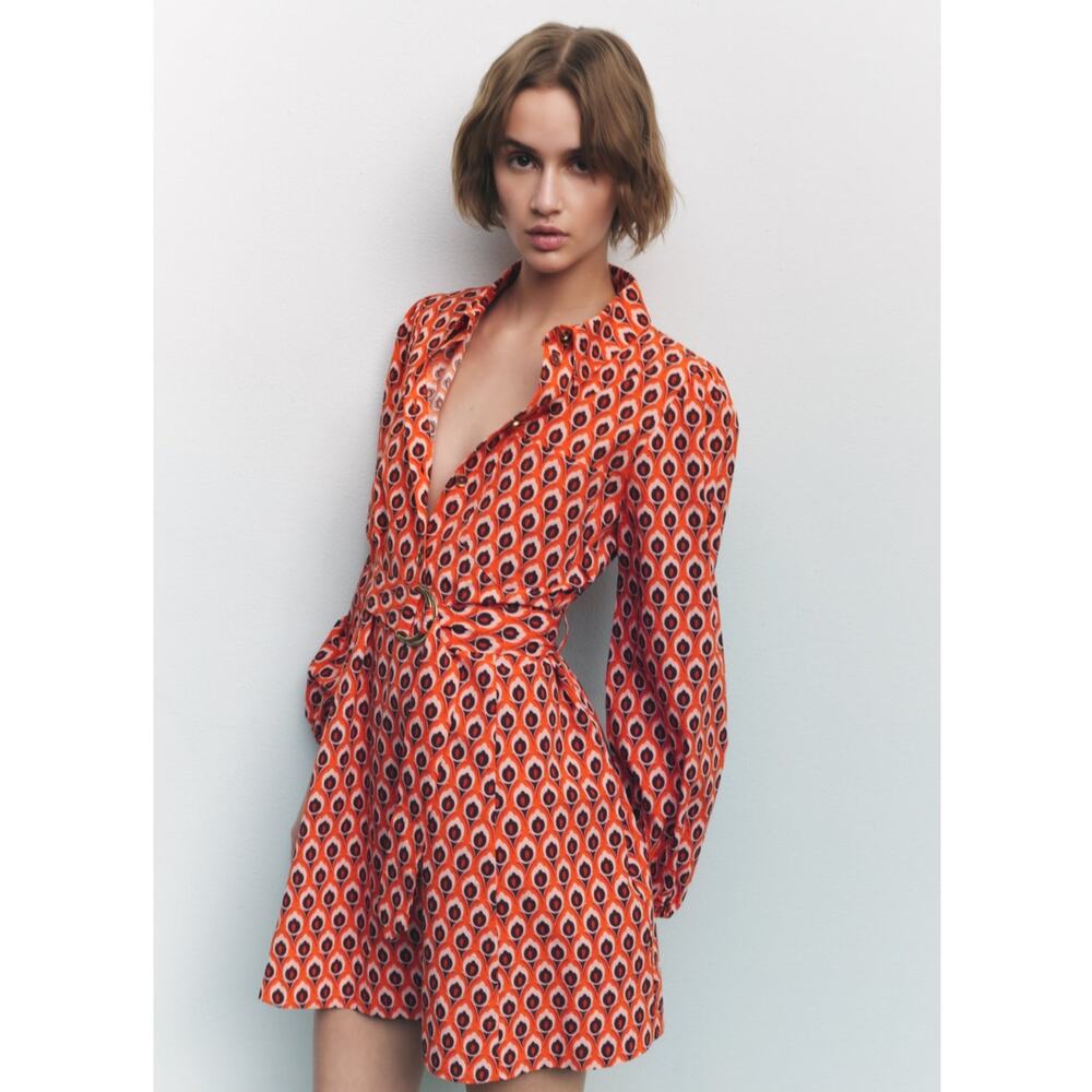 ZARA Cotton Geometric Print Belted Shirt Dress Mini NWT - Picture 12 of 16